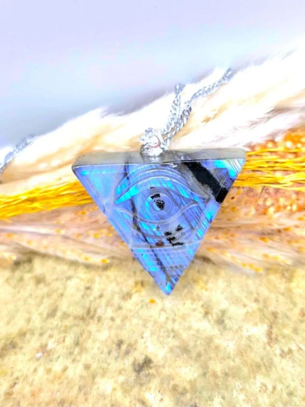 Labradorite Pyramid Pendant • Masonic All‑Seeing Eye • Flashy Crystal Necklace